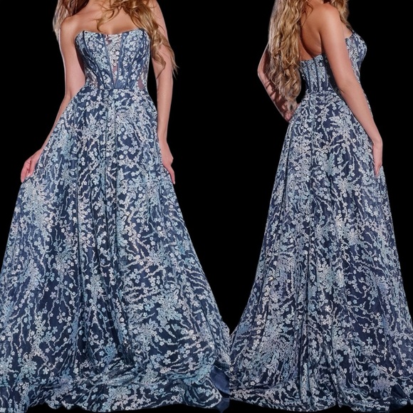 JOVANI 44151 | Blue Embellished Strapless Ball Gown | Floral | Women’s 14 - Picture 1 of 6